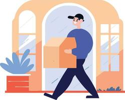 Hand Drawn a delivery man is delivering a package to a customer in flat style vector