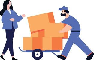 Hand Drawn a delivery man is delivering a package to a customer in flat style vector