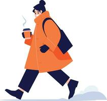 Hand Drawn A man wearing winter clothing walks on a path filled with snow in flat style vector