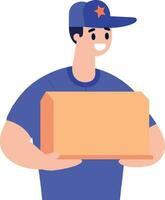 Hand Drawn a delivery man is delivering a package to a customer in flat style vector