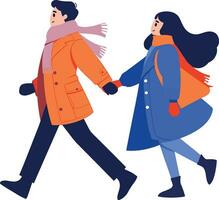 Hand Drawn couple wearing winter clothing walks on a path filled with snow in flat style vector