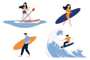 Hand Drawn Tourist teen characters are playing surfboards at the sea in flat style vector