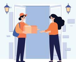 Hand Drawn a delivery man is delivering a package to a customer in flat style vector