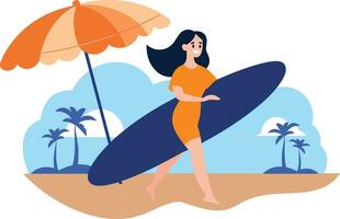 Hand Drawn Tourist teen characters are playing surfboards at the sea in flat style vector