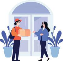 Hand Drawn a delivery man is delivering a package to a customer in flat style vector