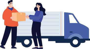 mano dibujado entrega hombre con entrega camión en plano estilo vector
