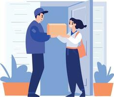 Hand Drawn a delivery man is delivering a package to a customer in flat style vector