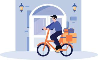 Hand Drawn delivery man riding bicycle in flat style vector