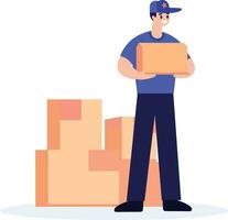 Hand Drawn a delivery man is delivering a package to a customer in flat style vector