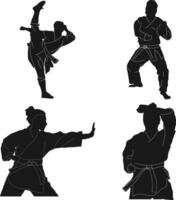 Karate Fighter Silhouette In White Background. Vector Illustration Set.