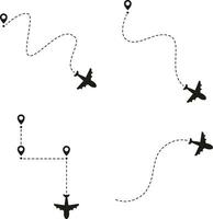 Airplane Dotted Route In White Background. With Flight Location Pin. Vector Illustration Set.