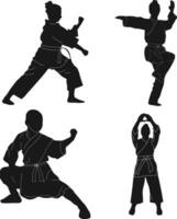 Karate Fighter Silhouette In White Background. Vector Illustration Set.