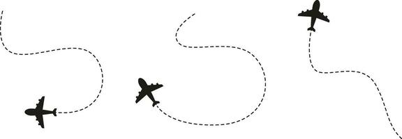 Airplane Dotted Route In White Background. With Flight Location Pin. Vector Illustration Set.