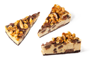 set pack of different angles slices of cheesecake caramel with peanuts and cookies on white or invisible background isolated png