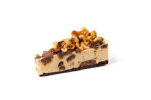 Slice of cheesecake caramel with peanuts and cookies cake on white or invisinle background isolated png