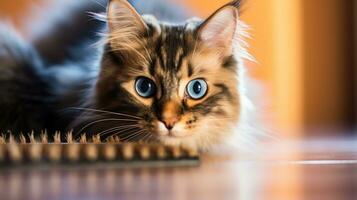 Curious tortoiseshell cat watching its owner comb its fur with a blue brush photo