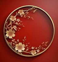 gold frame with floral decoration on red background photo