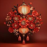chinese lanterns with fan background on a red background photo