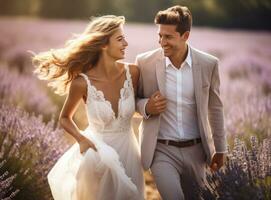 couple of bride and groom in lavender field photo