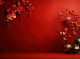 chinese lanterns with fan background on a red background photo