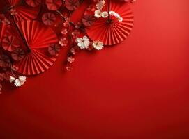 chinese lanterns with fan background on a red background photo