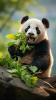 A panda sitting on a rock munching on bamboo leaves photo