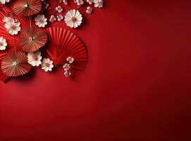 chinese lanterns with fan background on a red background photo