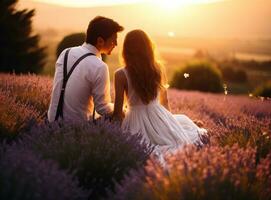 un Pareja sentado en lavanda en el noche foto