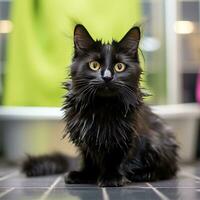 elegante negro gato demostración apagado sus lustroso Saco durante un aseo sesión foto