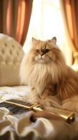 Regal Persian cat being brushed with a golden comb in a luxurious setting photo