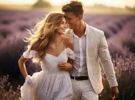 young boy girl young couple couple love in lavender fiel photo