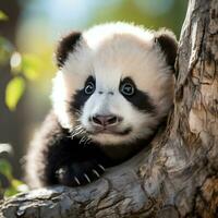 A panda cub peeking out from behind a tree trunk, looking curious photo