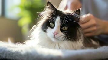 Furry black and white cat getting pampered by a gentle hand photo