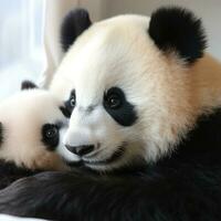 A mother panda and her cub snuggled up together for a nap photo