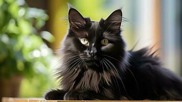 Elegant black cat showing off its glossy coat during a grooming session photo