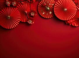 chinese lanterns with fan background on a red background photo