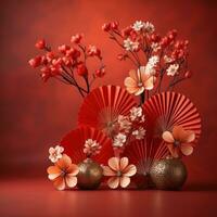 chinese lanterns with fan background on a red background photo
