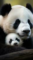 A mother panda and her cub snuggled up together for a nap photo