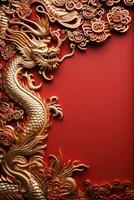 Chinese New Year red background with gold dragon with large copyspace area photo