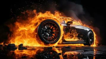 Car tire in fire on black background with large copy space photo