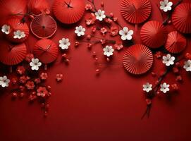 chinese lanterns with fan background on a red background photo
