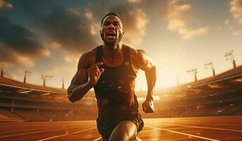 masculino deportista comenzando el carrera a el estadio foto