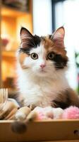 Cute calico cat being combed with a wooden brush in a cozy setting photo