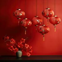 chinese lanterns with fan background on a red background photo
