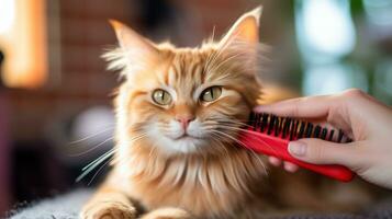 adorable naranja atigrado gato siendo cepillado con un rojo peine foto