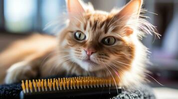 Adorable orange tabby cat being brushed with a red comb photo