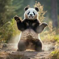 A panda standing on its hind legs, reaching up to grab some bamboo photo