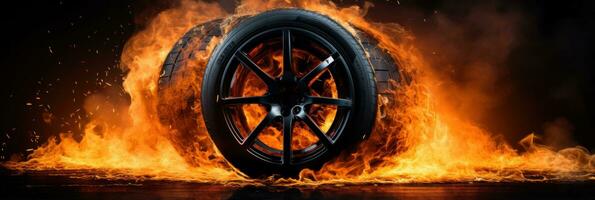 Car tire in fire on black background with large copy space photo