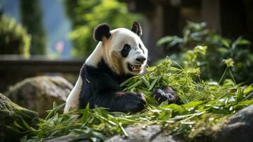 A panda sitting on a rock munching on bamboo leaves photo