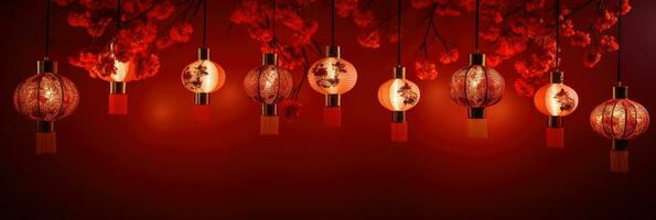 chinese lanterns with fan background on a red background photo